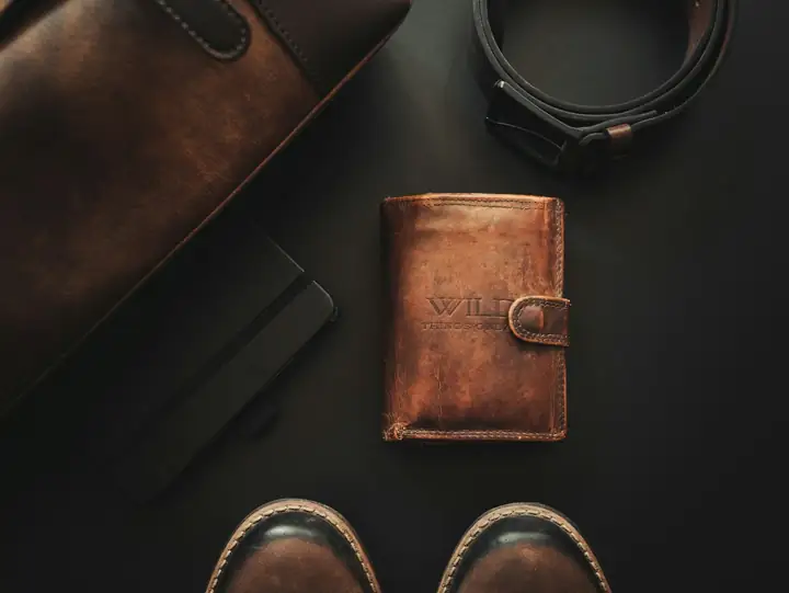Leather wallet, belt and shoes laid out on a dark table